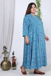 Plus Size Blue Floral Print Flared Long Kurta-714